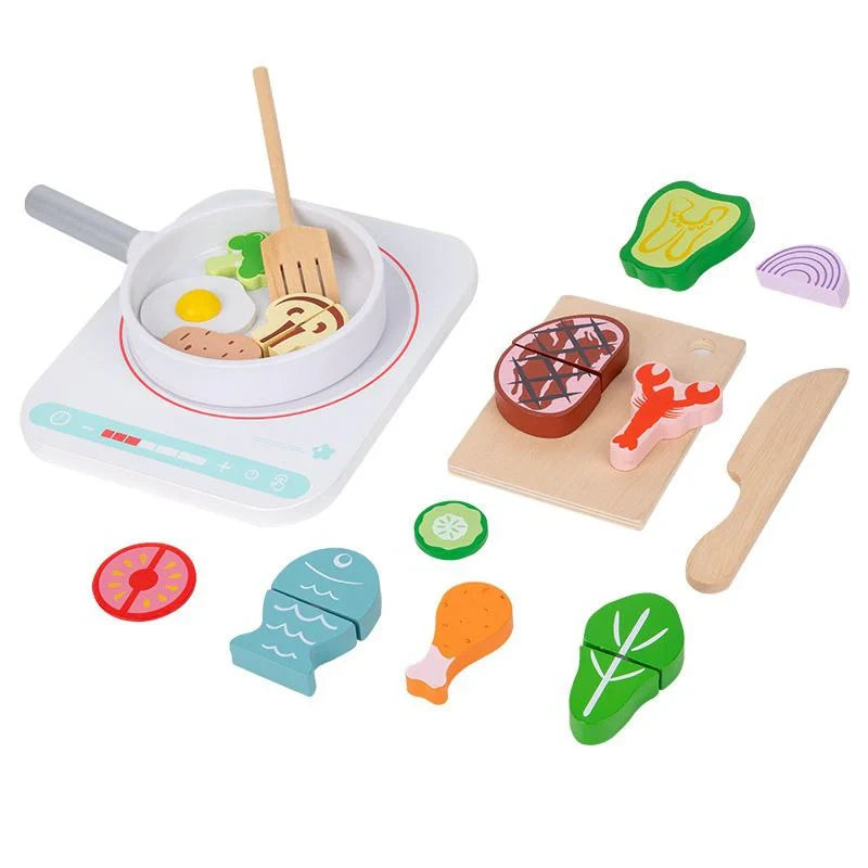 Wooden Pretend Play Kitchen Accessories for Toddler Girl/Boy, 16 PCS Wood Induction Cooktop Playset for Kids