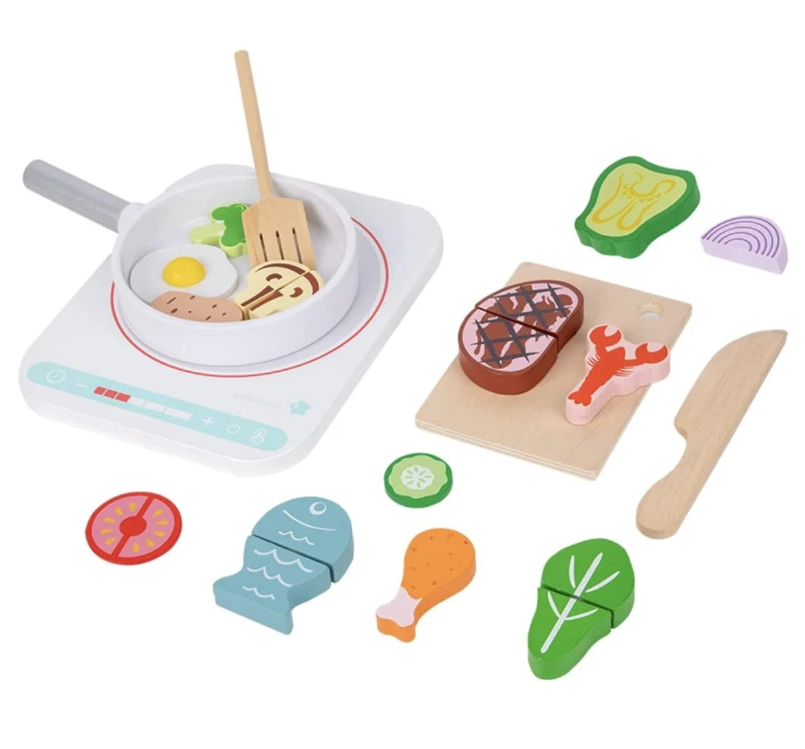 Wooden Pretend Play Kitchen Accessories for Toddler Girl/Boy, 16 PCS Wood Induction Cooktop Playset for Kids