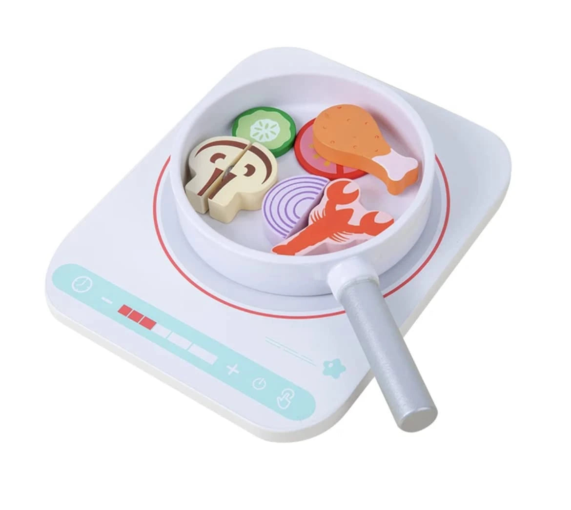 Wooden Pretend Play Kitchen Accessories for Toddler Girl/Boy, 16 PCS Wood Induction Cooktop Playset for Kids