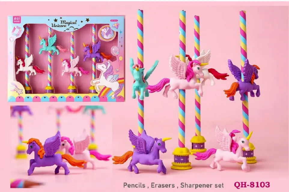 4 Pcs Unicorn Pencils and Erasers Box Set